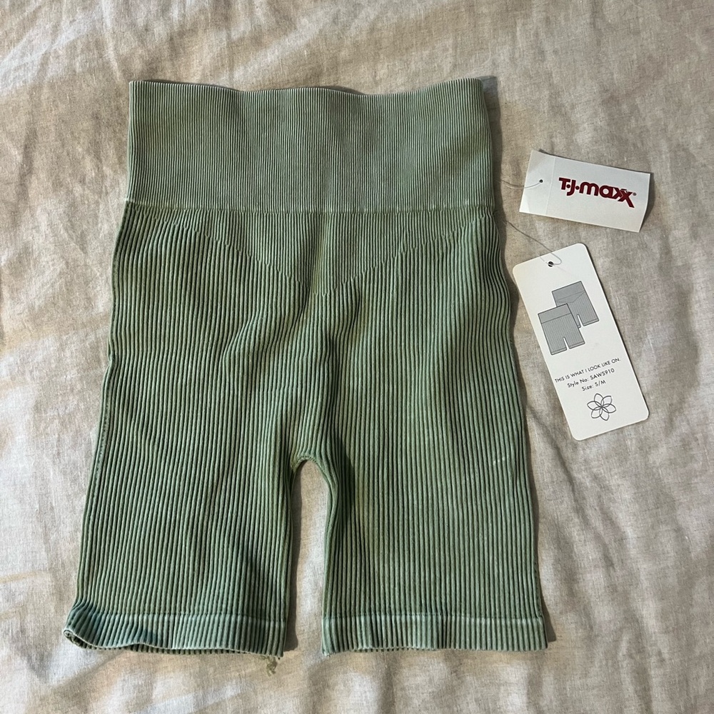 Green Ribbed Biker Shorts
